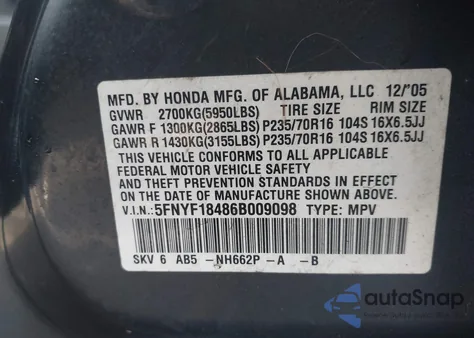 2006 Honda Pilot Ex from USA, damaged, VIN 5FNYF18486B009098